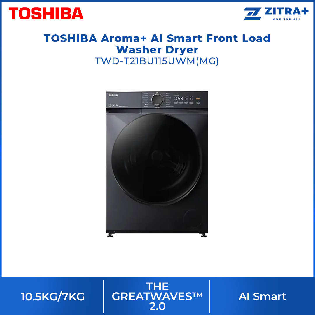 TOSHIBA 10.5KG/7KG Aroma+ AI Smart Front Load Washer Dryer TWD-T21BU115UWM(MG) | THE GREATWAVES™ 2.0 | Ultra Fine Bubble